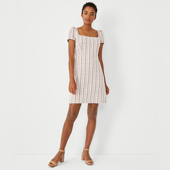 ANN TAYLOR Madras Plaid Puff Sleeve Flare Dress Orange Pink SZ 4 Work Party Mini - Picture 2 of 11